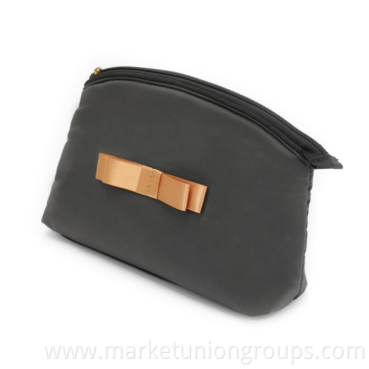 Factory Polyester ECO Friendly Light Plain Bow Gray Cheap Custom Cosmetic Makeup Shell Bags